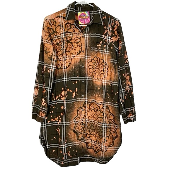 Hand Crafted Dresses & Skirts - Handmade Flannel Dress Womens Small Boho Stencil Bleached Floral Tunic Green